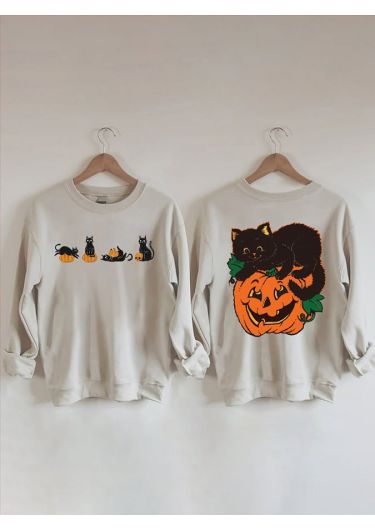 Women's Halloween Pumpkin And Cats Print Casual Sweatshirt