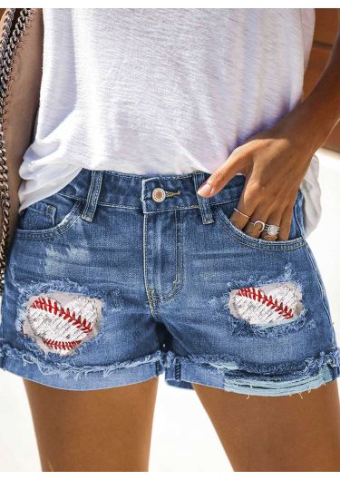 Baseball Cut-out Non-elastic Denim Shorts