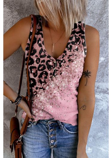 Leopard Button V Neck Casual Tank Tops