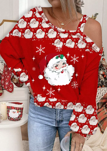 Christmas Santa Claus One Sided Cold Shoulder Blouse
