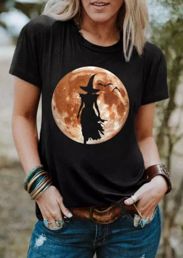 Halloween Witch Moon Silhouette Bat T-Shirt Tee - Black