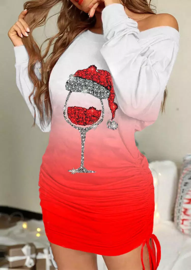 Wine Glass Gradient Ruched Drawstring Mini Dress - Red