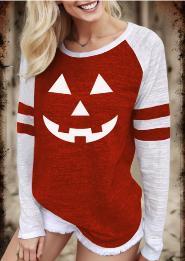  Halloween Pumpkin Face Raglan Sleeve T-Shirt Tee