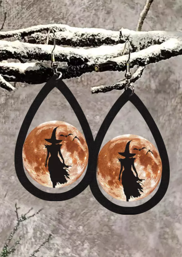    Halloween Witch Moon Silhouette Bat Hollow Out Water Drop Earrings