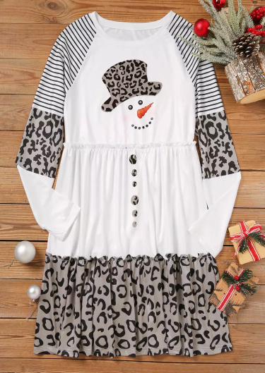 Christmas Leopard Striped Snowman Mini Dress - White
