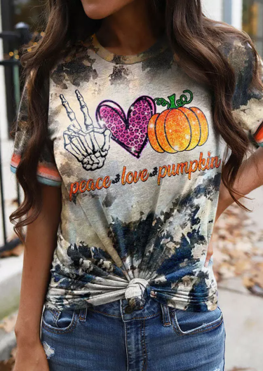 Halloween Peace Love Pumpkin Skeleton Hand Leopard Heart Bleached T-Shirt Tee