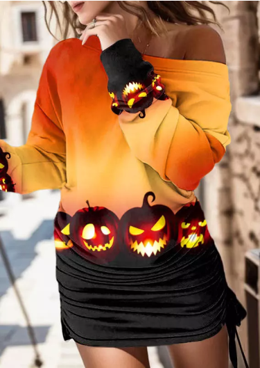 Halloween Gradient Pumpkin Face Drawstring Long Sleeve Bodycon Dress