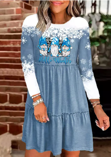 Christmas Hello Winter Snowflake Ruffled Mini Dress - Blue