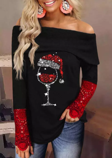 Christmas Hat Wine Glass Lace Splicing Blouse - Black