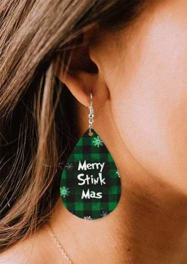 Christmas Merry Stink Mas Snowflake Plaid Earrings - Green
