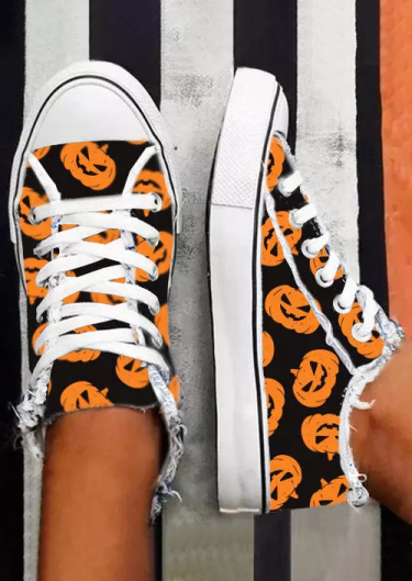 Halloween Pumpkin Face Round Toe Flat Sneakers - Black