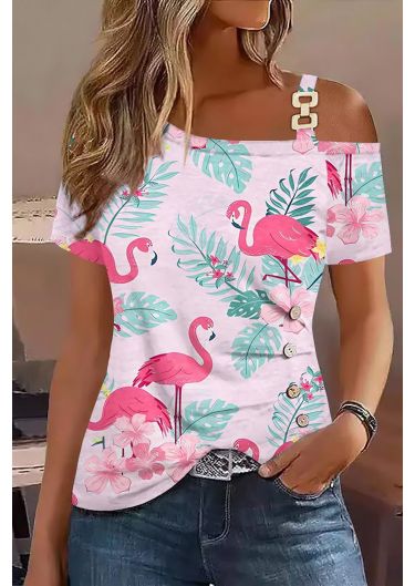 Pink Flamingo Floral Chain Cold Shoulder Asymmetrical Neck Shift Casual T-Shirts