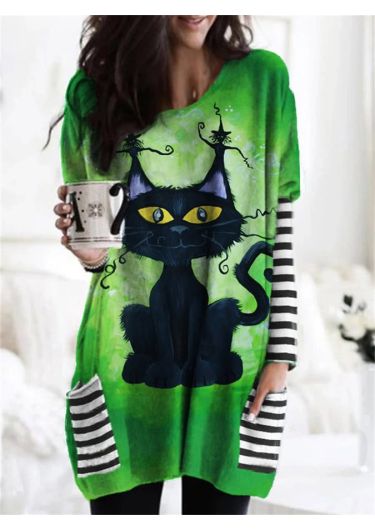Halloween Black Cat Witch Print Long Sleeve Top