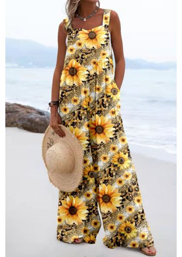 Sunflower Floral Wide Leg Loose Tank Overalls Jumpsuits