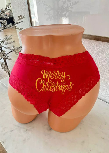 Lace Splicing Merry Christmas Panties - Red