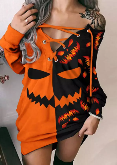 Halloween Color Block Pumpkin Face Eyelet Lace Up Sweatshirt Dress - Black
