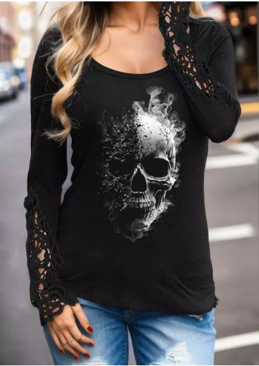 Halloween Skull Lace Splicing Long Sleeve Blouse - Black