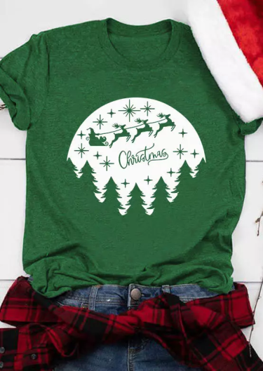Christmas Reindeer Santa Claus O-Neck T-Shirt Tee - Green