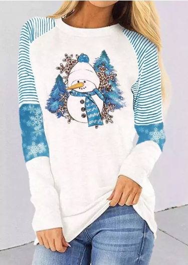 Christmas Snowman Snowflake Leopard Striped T-Shirt Tee - White