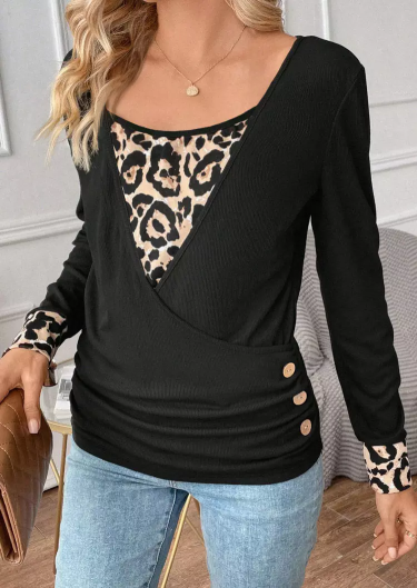 Leopard Ruched Button Wrap Blouse - Black