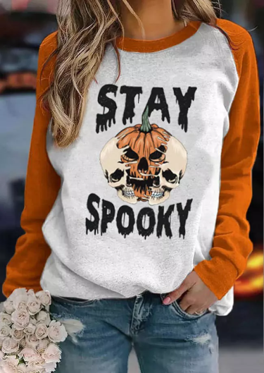 Halloween Stay Spooky Pumpkin Face Skeleton Sweatshirt - White