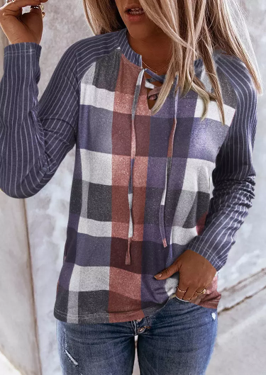 Vertical Striped Plaid Lace Up Raglan Sleeve Blouse