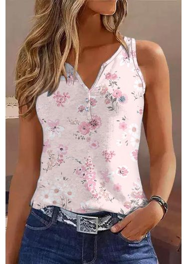 Pink Floral Graphic Button Notched Collar Tank
