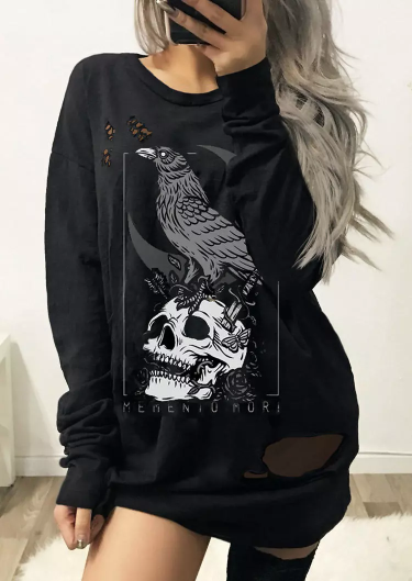 Halloween Memento Mori Skull Sweatshirt Dress - Black