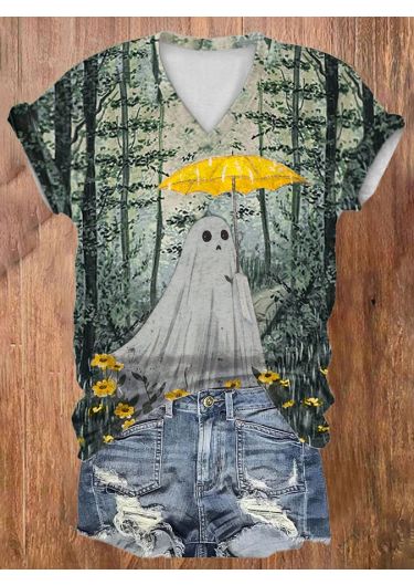 Women's Casual Ghost Art Printed Short Sleeve T-Shirt