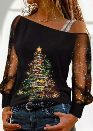Christmas Tree Mesh Splicing Blouse - Black