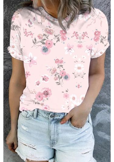 Watercolor Floral Graphic Round Neck Shift Casual T-Shirts