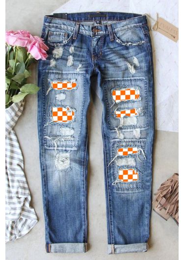 Orange Plaid Graphic Ripped Patchwork Mid Waist Casual Jeans