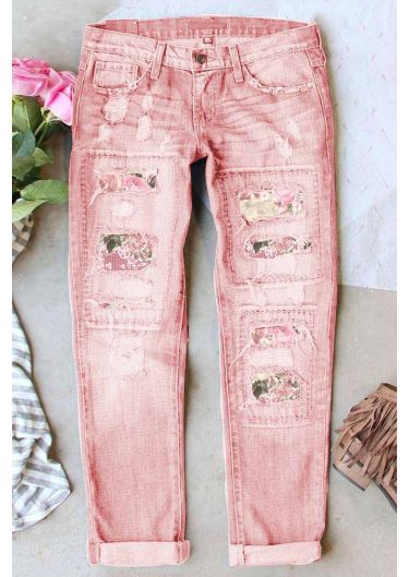 Pink Pink Floral Casual Non-elastic Ripped Jeans