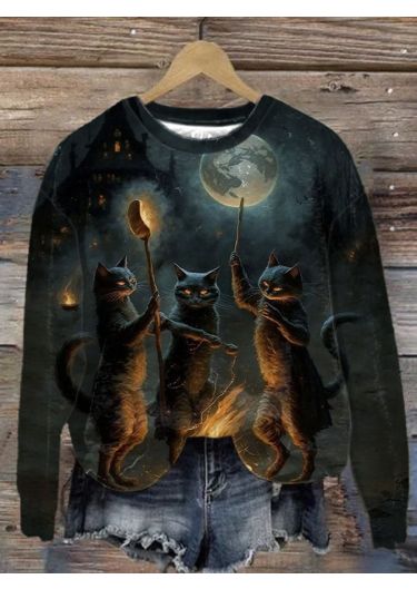 Women's Vintage Halloween Magic Cat Print Long Sleeve Sweatshirt
