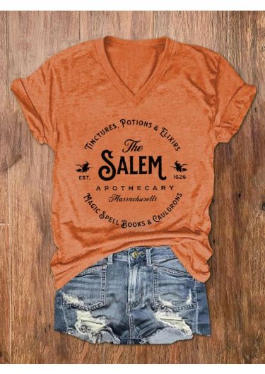 Women's Salem Massachusetts Happy Halloween Witch Print V-Neck T-Shirt