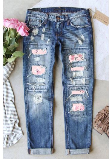 Sky Blue Pink Floral Graphic Mid Waist Ripped Jeans