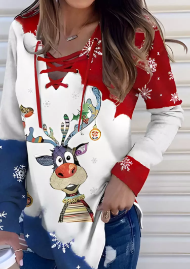 Christmas Reindeer Color Block Lace Up Blouse