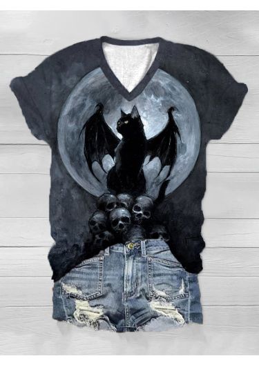 Women's Halloween Flying Cat Skeleton Print V-Neck T-Shirt