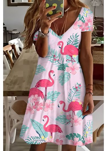 Flamingo Floral V Neck Casual Dresses