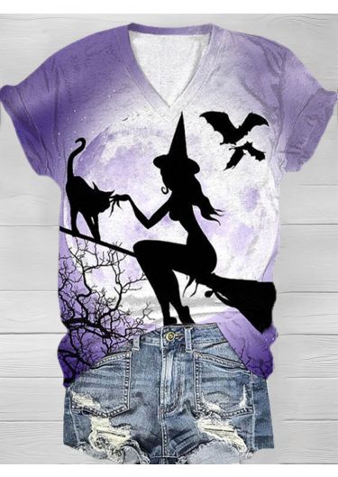 Women's Halloween Witch Print V-Neck T-Shirt
