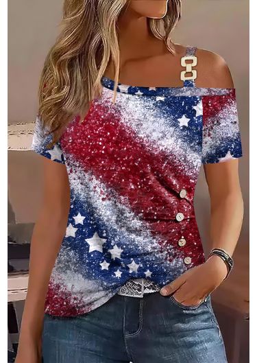 American Flag Chain Strap Button Decor Cold Shoulder Casual T-Shirts