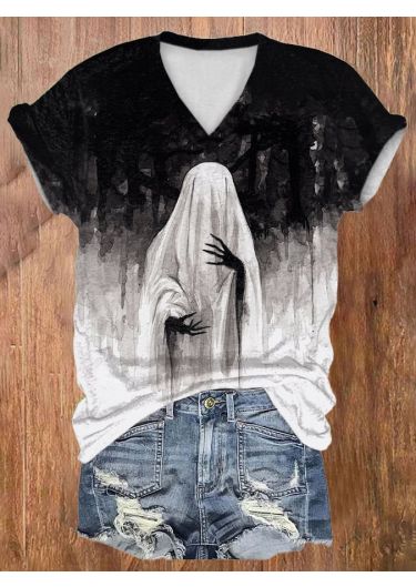 Women's Vintage Ghost Art Short Sleeve V Neck T-Shirt
