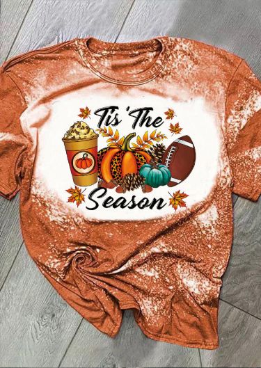 Tis' The Season Leopard Pumpkin Soccer Bleached T-Shirt Tee - Orange