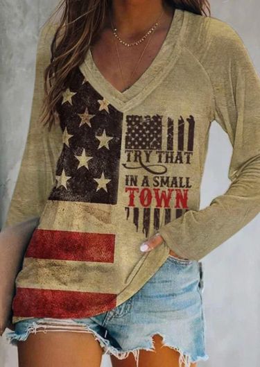 Try That In A Small Town American Flag T-Shirt Tee - Light Khaki