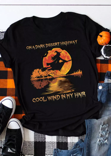 Halloween On A Dark Desert Highway Witch T-Shirt Tee - Black