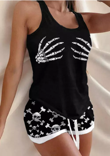 Halloween Skeleton Hand Tank And Skull Shorts Pajamas Set - Black