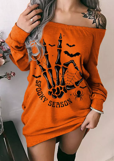 Halloween Spooky Season Skeleton Hand Spider Bat Sweatshirt Dress - Orange