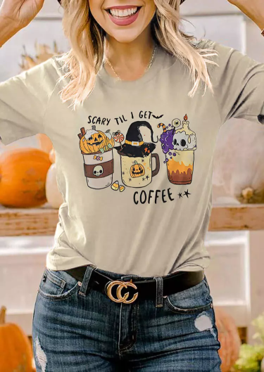 Halloween Scary Til I Get Coffee Pumpkin Face T-Shirt Tee - Apricot