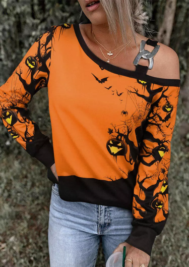Halloween Pumpkin Face One Sided Cold Shoulder Blouse