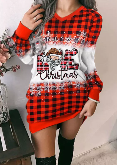 Love Christmas Santa Claus Snowflake Buffalo Plaid Sweatshirt Dress